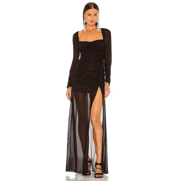 Dundas x Revolve Stardust Ruched Maxi Dress Long Sleeve Side Slit Black Ruby XL - Picture 1 of 14